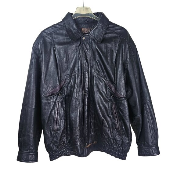 VTG Charles Klein Black Leather Bomber Jacket 3XL Purple Trim Full Zip Bikercore - Picture 1 of 14
